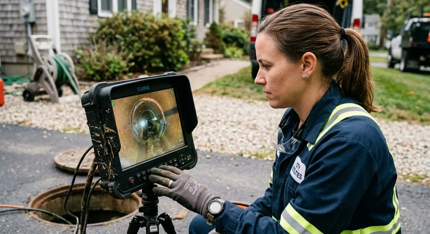 Technician reviewing sewer camera inspection footage in Lakeland