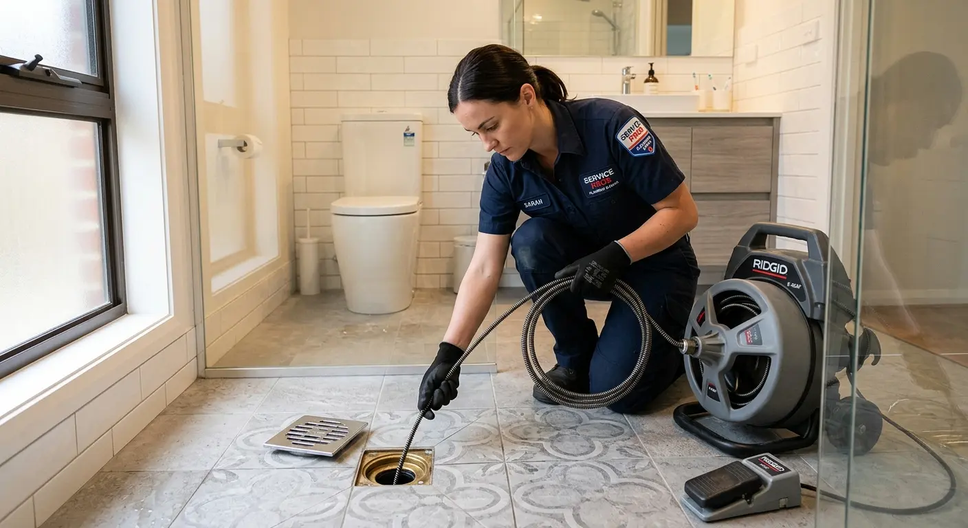 Technician clearing a bathroom floor drain for Drain Repair in Lakeland